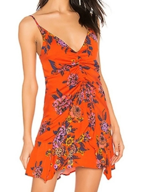 Free People Dresses & Skirts - FREE PEOPLE Happy Heart Floral Mini Dress Orange Tie Front Smocked Back M Slip